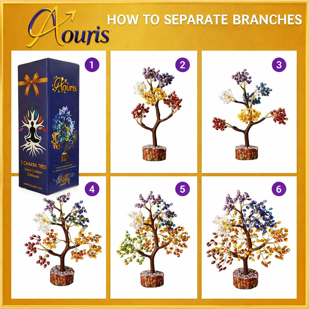 7 Chakra Crystal Tree 300 Stones - Feng Shui Gemstone Money Tree with Healing Crystals Base for Good Luck, Wealth & Prosperity - Reiki Spiritual Meditation Decor, Yoga Gifts & Home Office Decoration