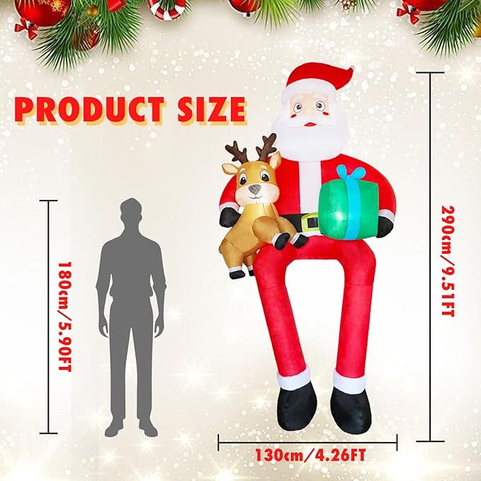 9.5 FT Christmas Inflatable Outdoor Decoration Giant Sitting Santa Claus Christmas Inflatables with LED Lights Climbing Santa Inflatable Blow Up Yard Decorations for Xmas Roof Eaves Lawn