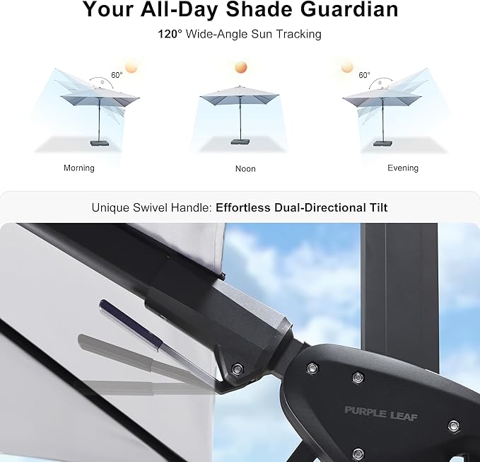 PURPLE LEAF 10 Feet Patio Umbrella with Base Outdoor Cantilever Solar Powered LED Swivel Square Umbrella Aluminum Offset Umbrella with 360-degree Rotation for Garden Deck Pool Patio White