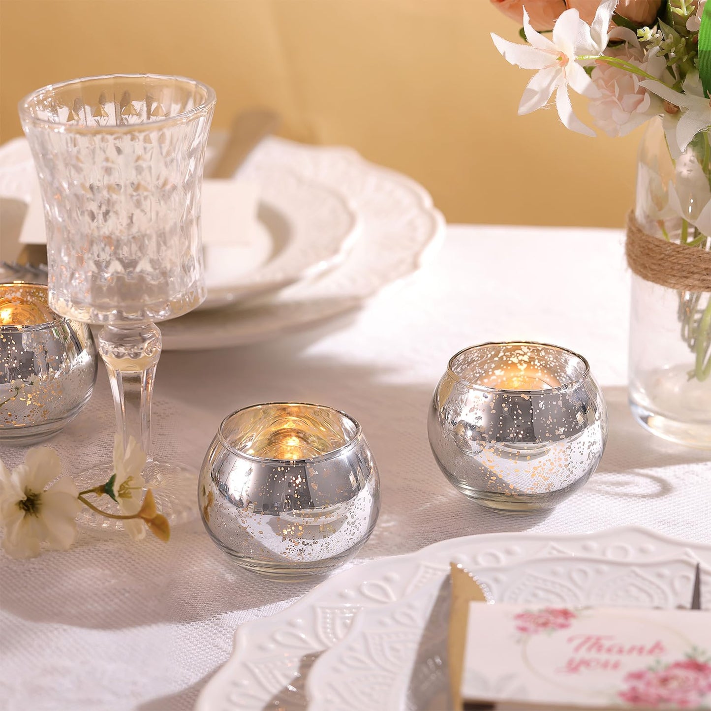 LAMORGIFT Silver Votive Candle Holders Set of 12 - Mercury Glass Votives Candle Holder - Christmas Tealight Candle Holder for Home Decor and Weddings/Parties Table Centerpieces