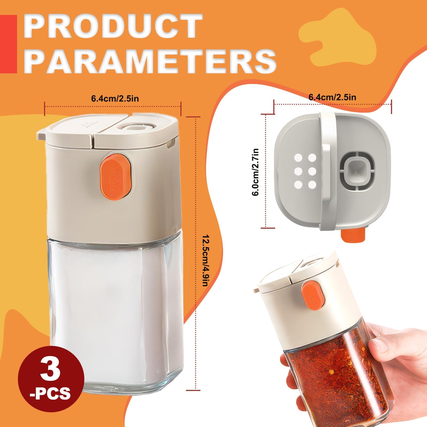 Realand 3 Pack Salt and Pepper Shakers with Quantitative Spout, Glass Measuring 0.5g Salt Shaker Dispenser, Spice Shaker for Salt Sugar Seasoning Kitchen Cooking Camping