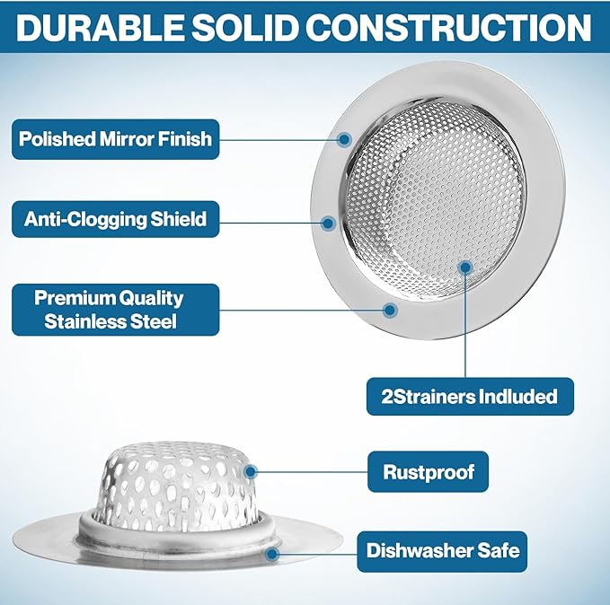 2-Pack Kitchen & Bathroom Sink Drain Strainers I 2.25 Inch Bathroom Drain Hair
