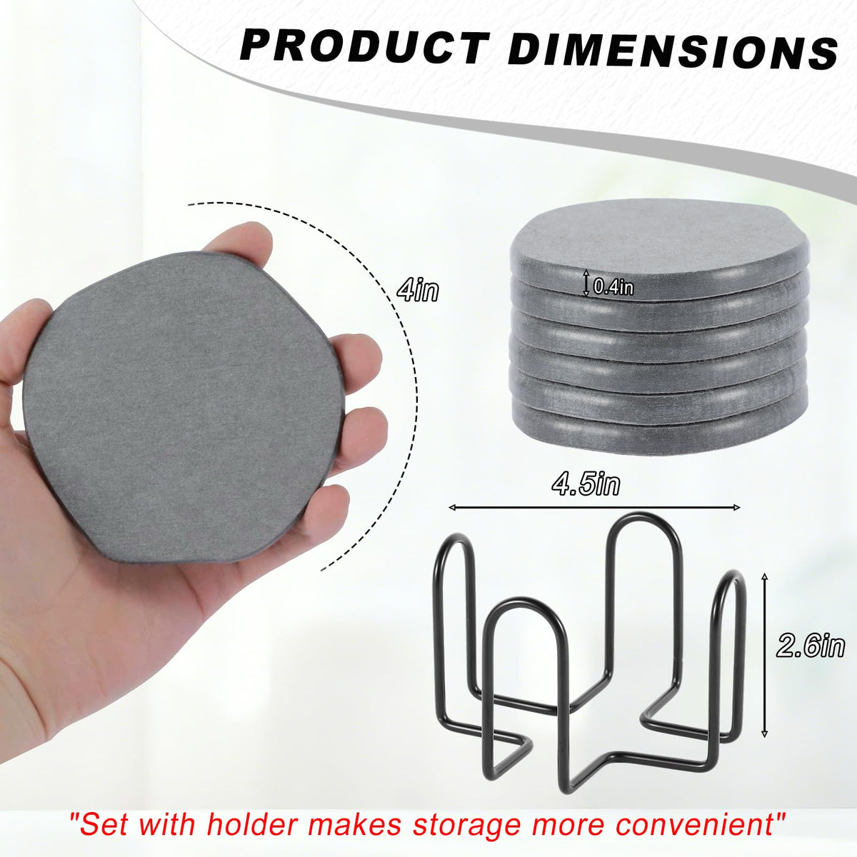 Azhou 6Pcs Absorbent Diatomaceous Earth Coasters Set with Holder - 4 Inch Quick-Dry Stone Coasters with Scratch-Resistant Surface & Velvet Base, Reusable Home Decor for Coffee Bar, Office Desk