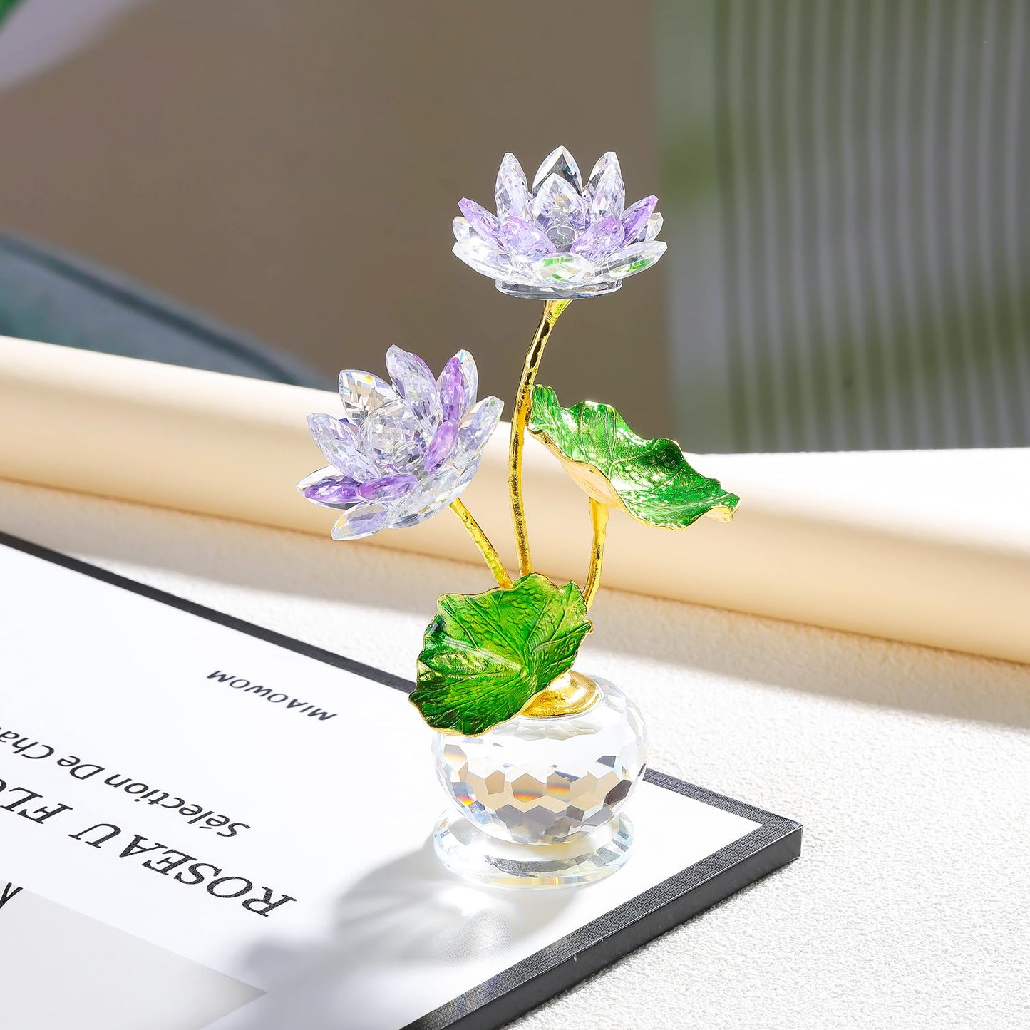 YWHL Purple Crystal Lotus Flower Figurine with Vase, Handmade Lotus Gifts Bouquet for Women on Birthday Christmas Mother's Day, Glass Lotus Flower Home Party Office Decor