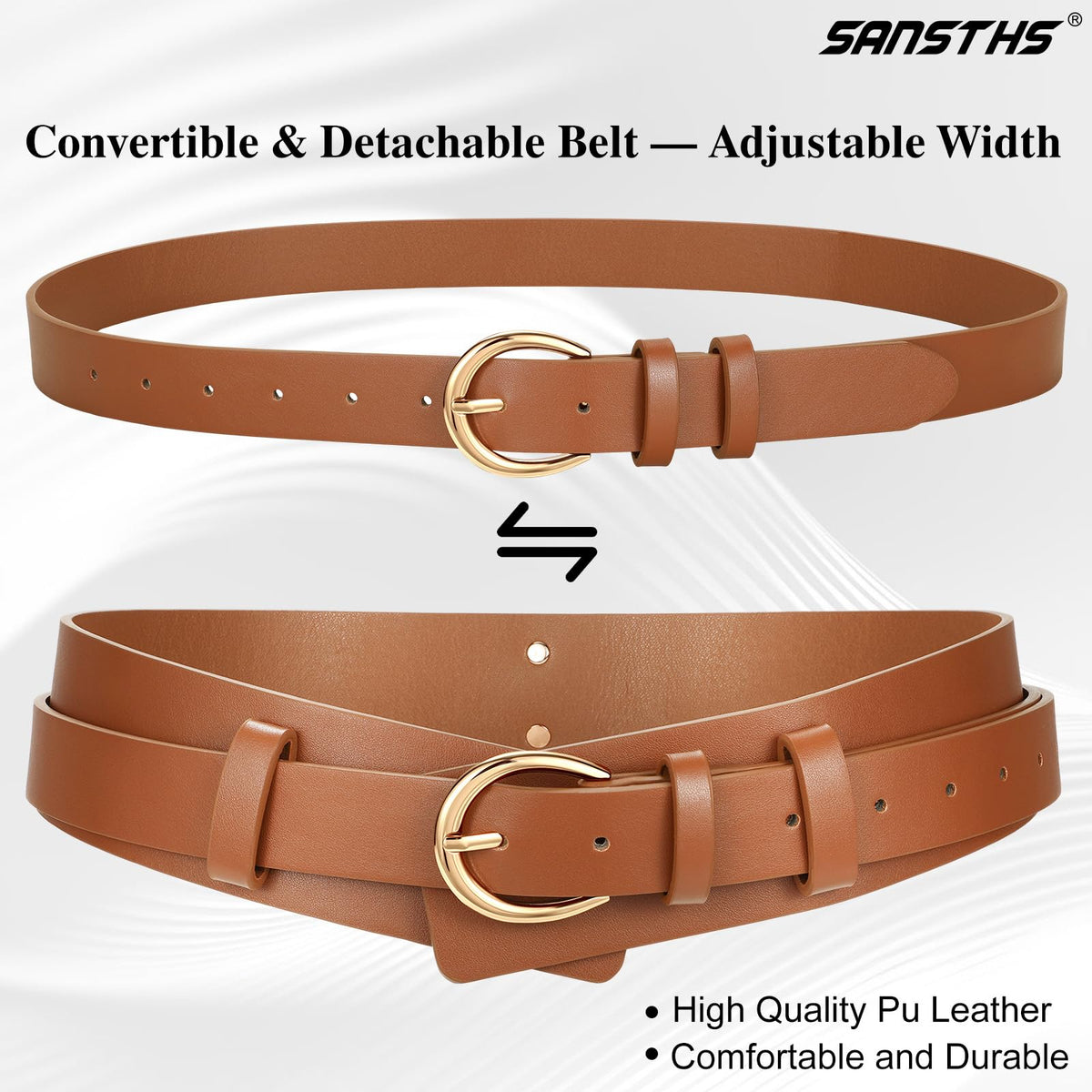 SANSTHS Belt for Women 2-in-1 Waistband for Dress Coats Pants, Women Wide Leather Belt with Fashion Buckle, Brown M