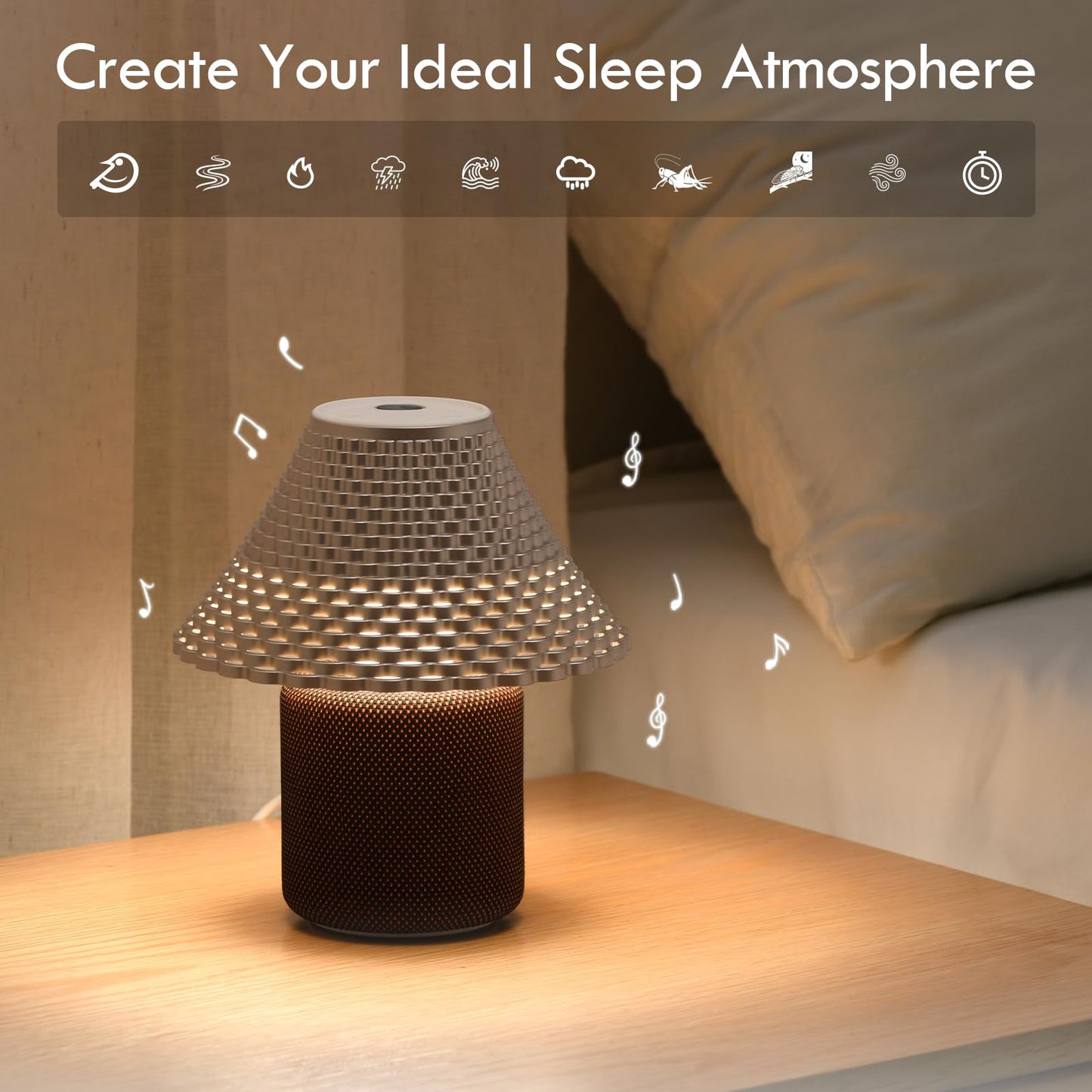 SMARTERIOR Bedside Table Lamp with White Noise Machine - 10 Soothing Sounds, Gesture Control Sensor & Dimmable Night Light - 30/60/90 Min Auto-Off Timer for Sleep, Nursery, Office & Home Decor- Gold