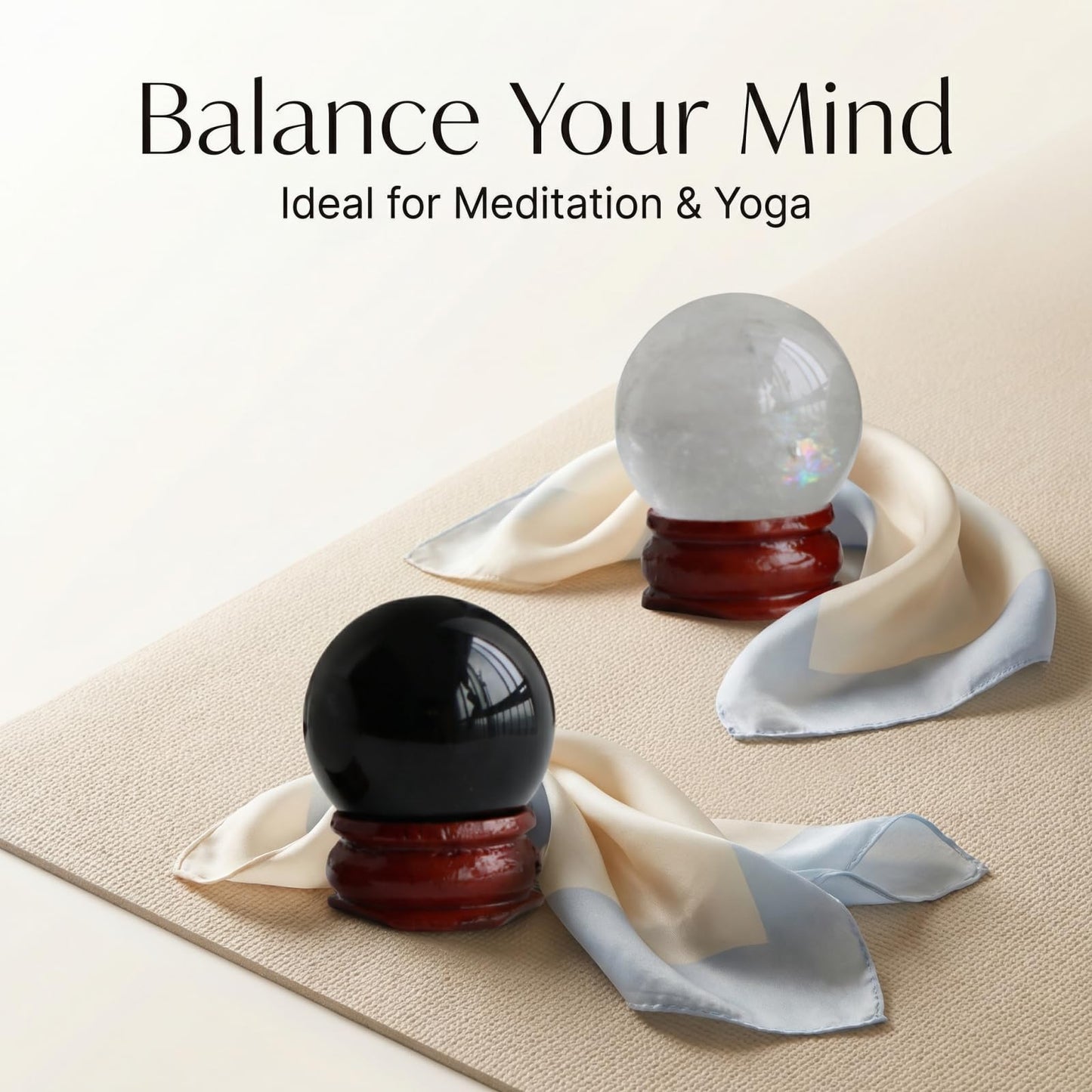 Natural Clear Crystal Ball Sphere with Red Wooden Stand Hand-Carved Quartz Gemstone Home Decor Office Desk Ornament Yoga Meditation Mindfulness Zen Decor Gift ((Clear Quartz+Obsidian) Gift Box Set)