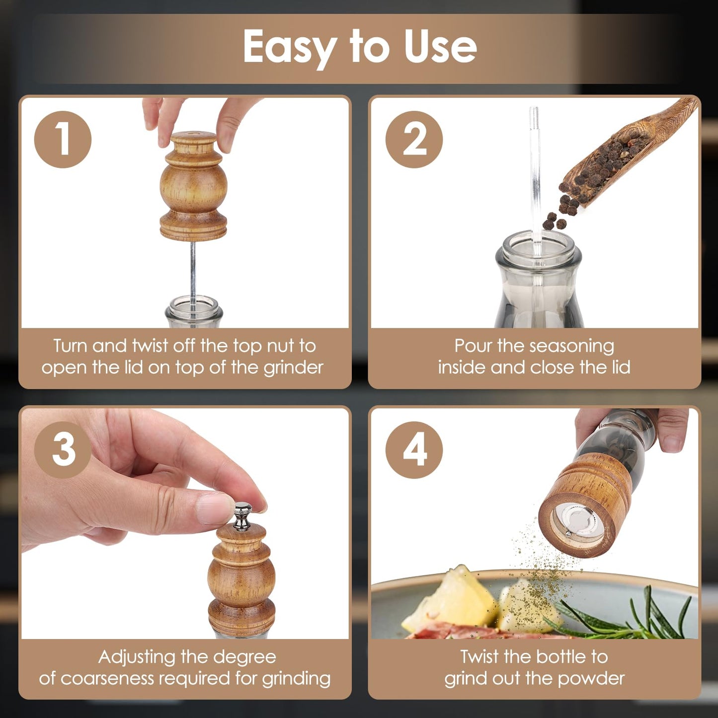 Foyucool Wooden Salt and Pepper Grinder Set with Wooden Tray and Spoon, 8 Inch Manual Salt and Pepper Mill, Adjustable Coarseness, Refillable with Ceramic Core for Spices, Clear Acrylic Chamber