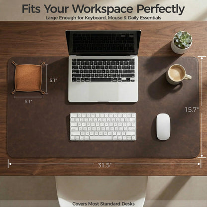 Premium Faux Leather Desk Mat & Tray Set，Innovative Cork-Look Printed Base，Gift Tube Packaging，Full-Desk Coverage，Non-Slip Desk Pad for Office Home（Espresso Brown）