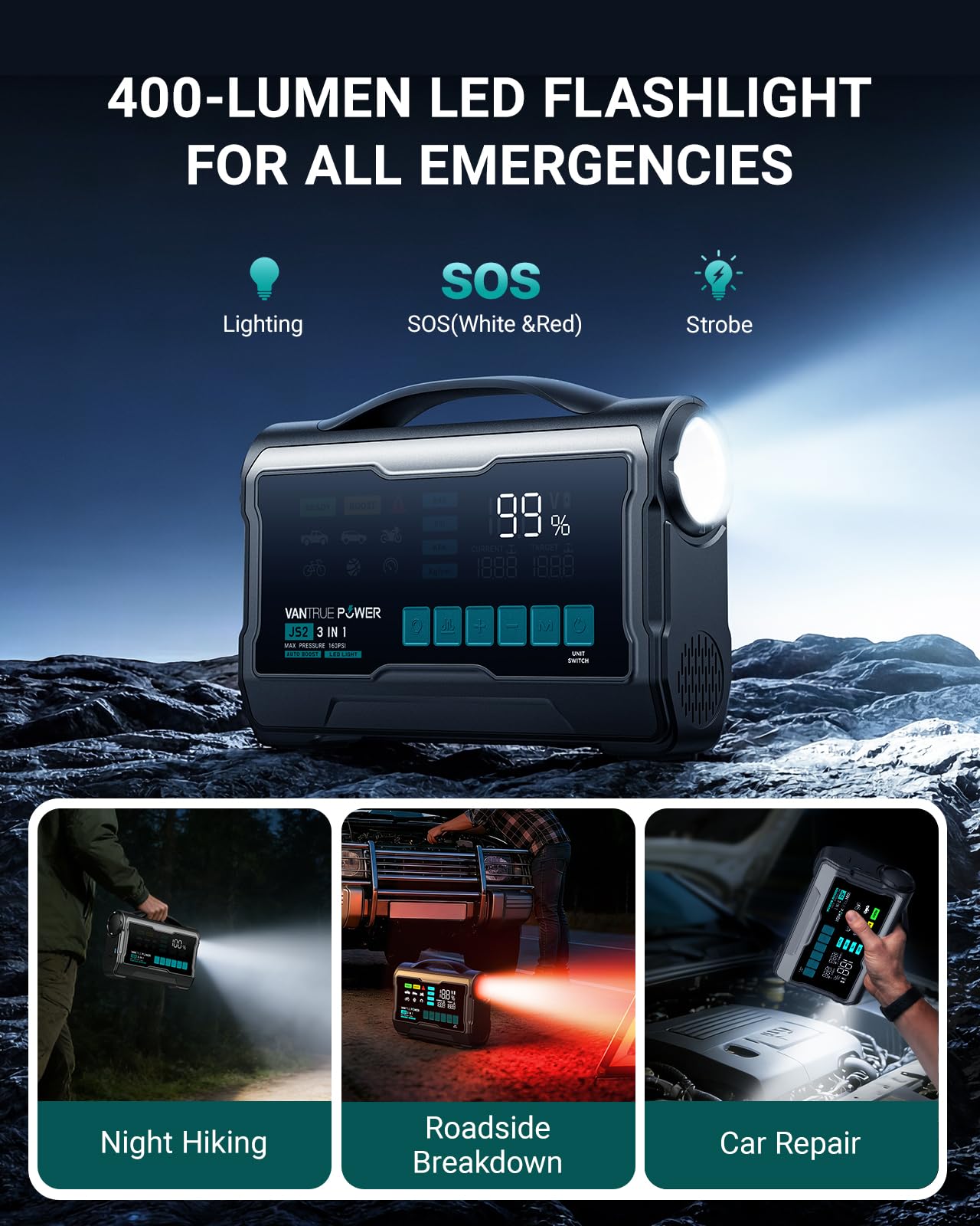 VANTRUE POWER JS2 2500A Jump Starter with 160PSI Air Compressor, 12V Car Battery Booster with Display, Support 65W Charging Power Bank, Nozzles Storage Compartment- for 8L Gas/7L Diesel Engines