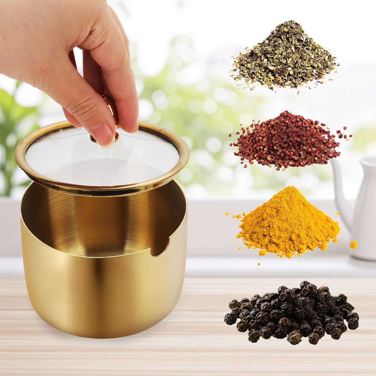 2 Pcs Stainless Steel Seasoning Box,Spice pot seasoning bottle Salt Pepper sugar storage bottle With Spoon and Clear Lid for home and kitchen (gold)