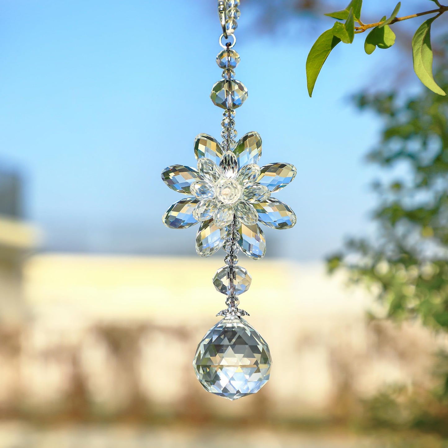 H&D HYALINE & DORA Clear Hanging Crystal Ball Prisms Flower Fengshui Ornament Suncatcher Rear View Mirror Car Charm Decor