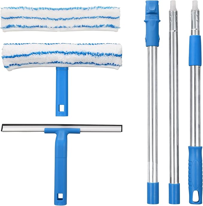 Window Cleaner with Long Handle, Glass Cleaning Tools with Silicone Squeegee &
