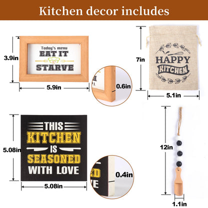 Rustic Farmhouse Kitchen Decor Set - 5-Piece Wooden Signs with Funny & Inspirational Quotes, Free-Standing Shelf & Tabletop Decor for Counter, Dining Room, Cafe - Housewarming Gift for Chef, Home