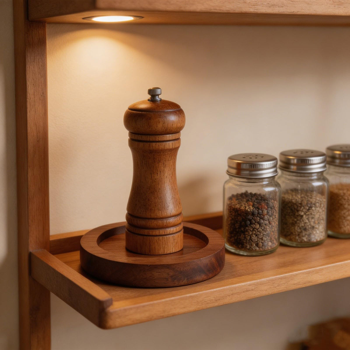 LOGOFUN Acacia Wood Spice Grinder Tray with Round Base Manual Salt Pepper Mill Holder for Kitchen Bottle Storage Home Supplies - 7.5X7.5X1.2cm/2.95X2.95X0.5in