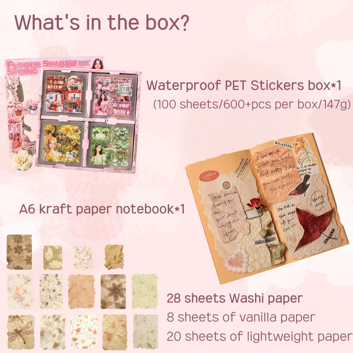 Cullevo 600PCS Spring Floral Scrapbook Stickers – Flower Shadow Spring Breeze Edition with Characters, Junk Journal Supplies + 28PCS Retro Background Paper & A6 Kraft Notebook