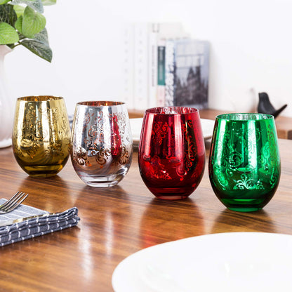 MyGift 4 Piece Stemless Glassware Set, Multicolor Wine Glasses with Etched Baroque Pattern in Mirror Plated Gold Silver Red Green Colors, 16 oz Capacity