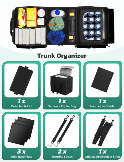 Oasser Trunk Organizer with Cooler Bag 95L, Bearing 110lb No Deformation, Collapsible with Multi Compartments, Removable Insulated Bag, Foldable Lid, Non Slip Bottom, 2 Adjustable Straps (Black&Grey)