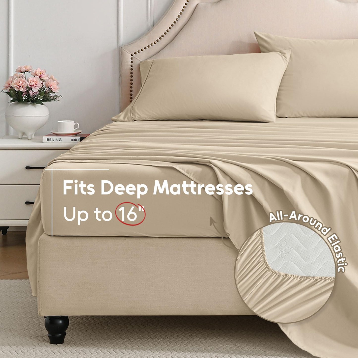 Swiftify Twin Sheets Set, 3 Pieces Hotel Luxury Soft Microfiber Bed Sheets Set, Up to 16" Deep Pockets, Oeko-Tex Sheets with Elastic, Breathable, Wrinkle Free (Beige, Twin)