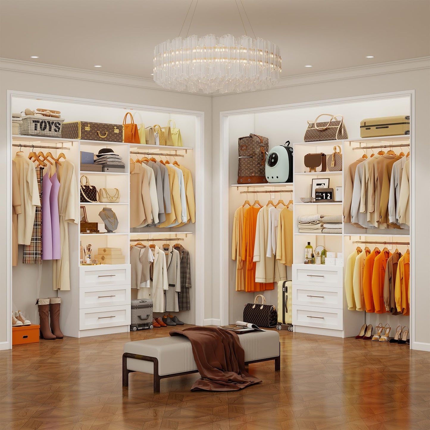 secilix Closet System with 3 Wood Drawers, 5-8FT Closet Organizer System with Cuttable Shelves for Walk in Closet with 3 Expandable Hanging Rods, Heavy Duty Built-in Closet for Bedroom, White