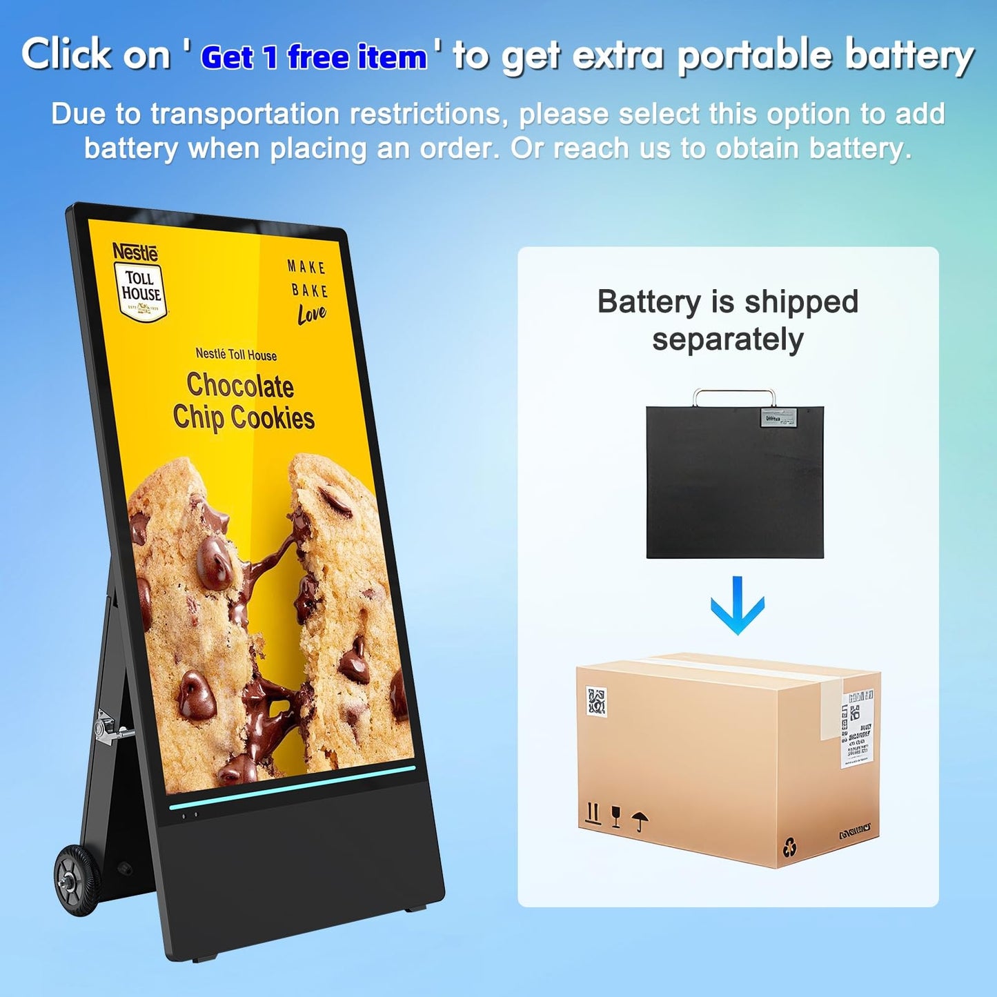 MWE 55 Inch Outdoor Digital Signage Display Monitor, Portable Battery Powered High Brightness Screen Advertising Display Kiosk, Movable Waterproof Standing Poster, Android OS