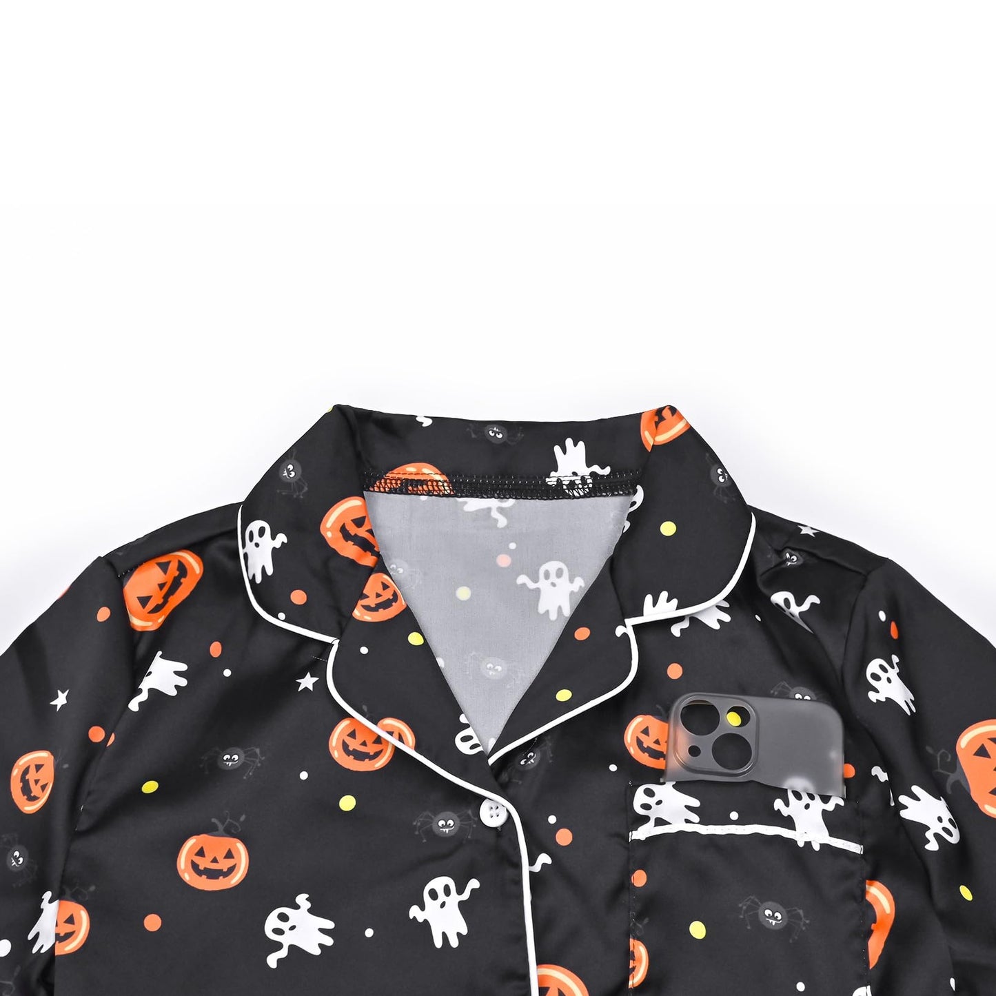 QPANCY Satin Kid Pajamas Big Girls Silk Pjs Set Boys Sleepwear Button-up Lounge Sets Halloween Short Sleeve Nightwear Pumpkin Black Size 10 11