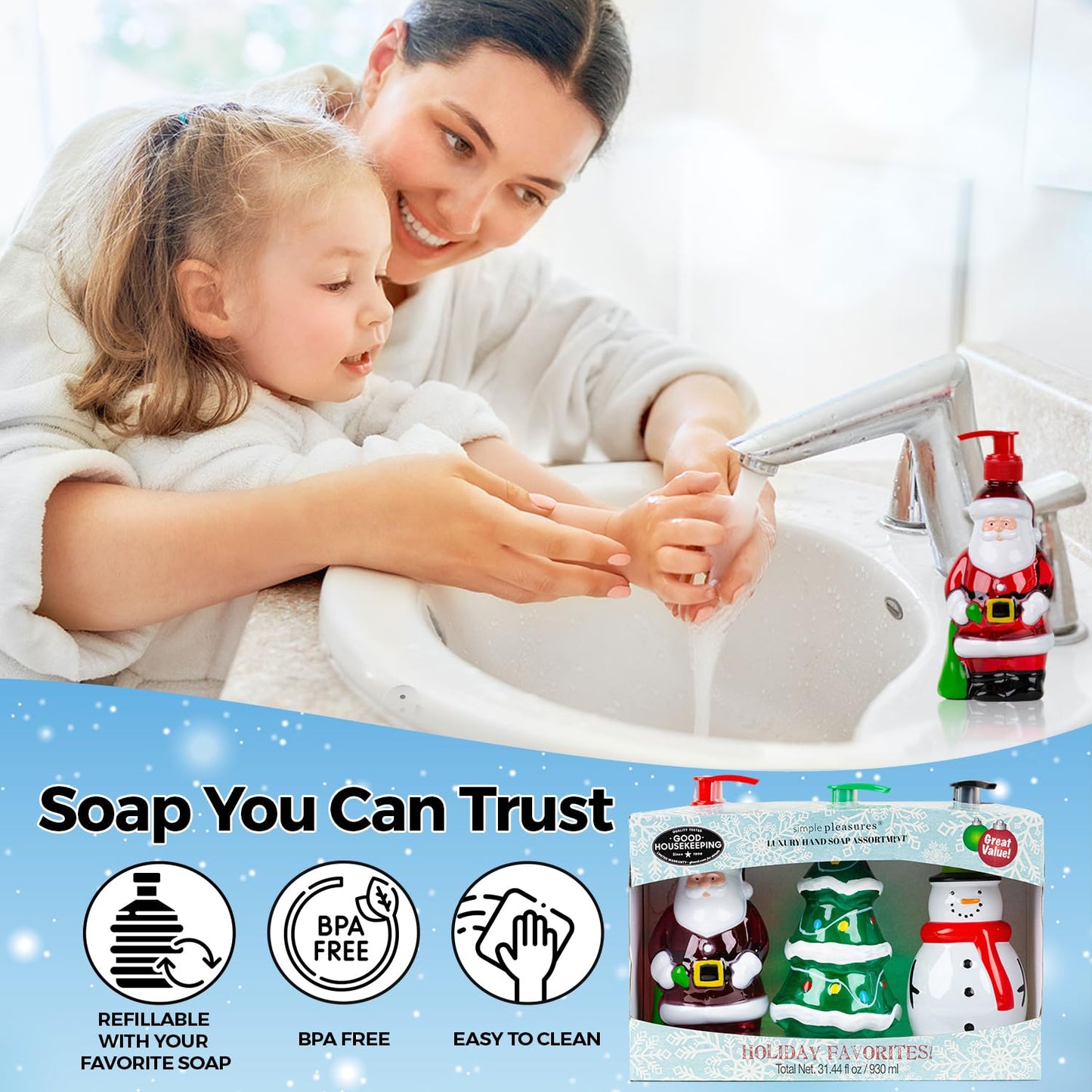 Simple Pleasures Snowman, Santa & Christmas Tree 3 Pack Holiday Soap Dispensers with Scented Liquid Soap: Decorative Hand Pump Refillable Christmas Soap Dispenser for Kitchen and Bathroom Sinks