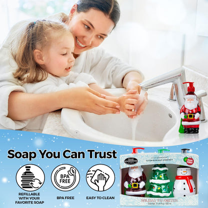Simple Pleasures Snowman, Santa & Christmas Tree 3 Pack Holiday Soap Dispensers with Scented Liquid Soap: Decorative Hand Pump Refillable Christmas Soap Dispenser for Kitchen and Bathroom Sinks