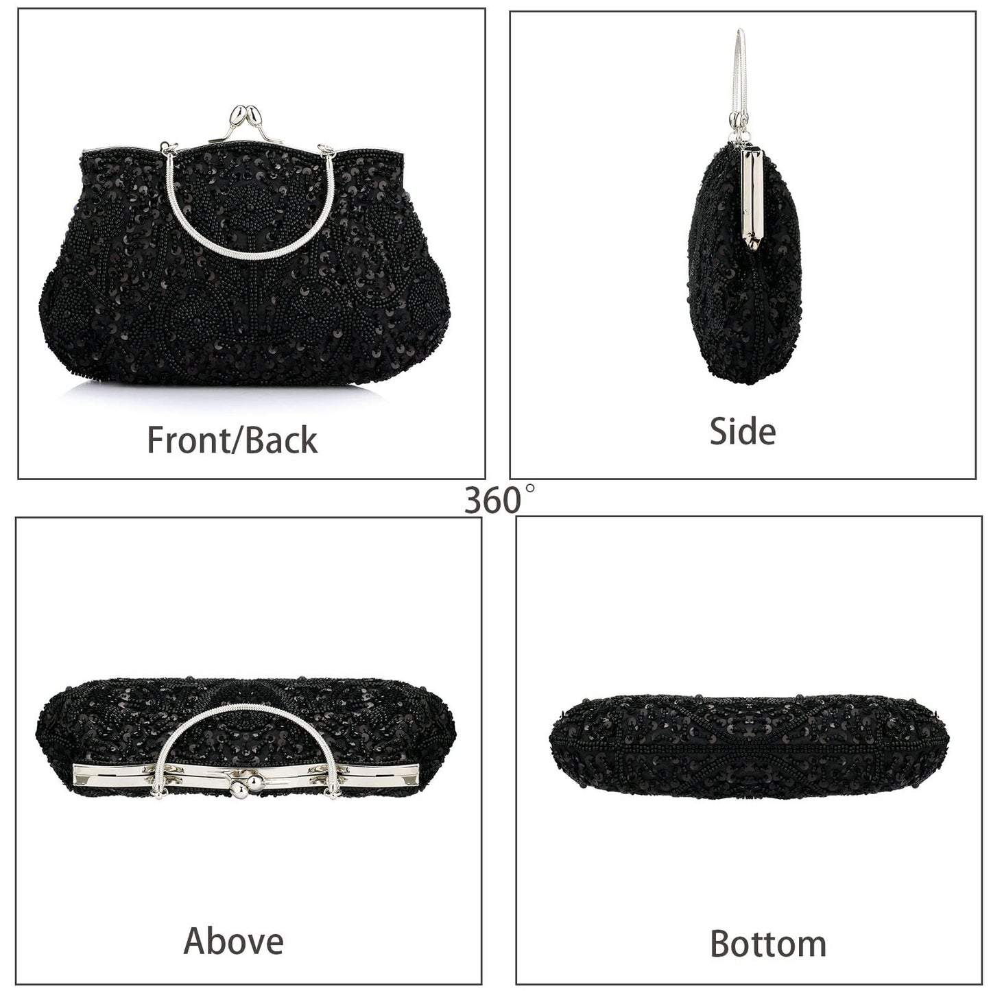 Collection Antique Floral Seed Bead Sequin Soft Clutch Evening Bag Designer Purse Large Clutch Handbag (Black)(Size: One Size)