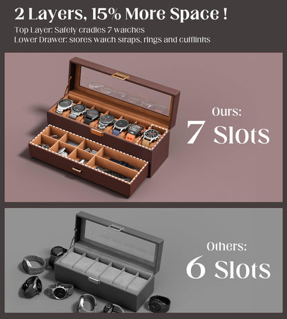 sensok Watch Case Box for Men - 7 SLots Watches Storage Organizer Real-Glass Display Case with Jewelry Drawer 2-Layer PU Leather Collection Holder Gift for Loved Ones Brown