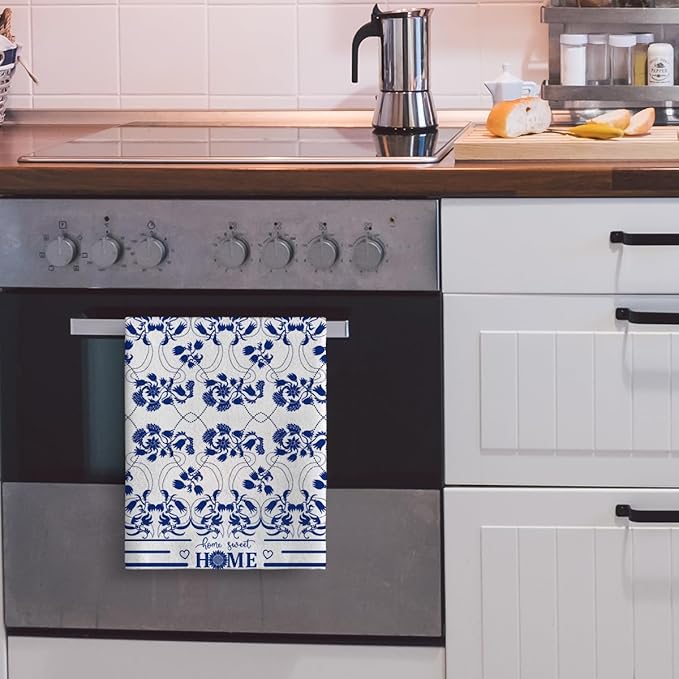 Blue Kitchen Towels Decorative Set of 2, Absorbent Boho Floral Dish Towels