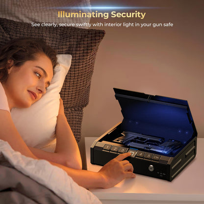 ONNAIS Iron PRO Biometric Fingerprint Gun Safe for Handgun, Swift Entry Gun Lock Box Featuring with Interior Light and Emergency Power Supply, Pistol Safes for Home, Nightstand, Bedside, and Car, Gift
