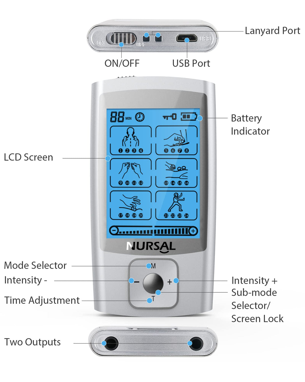 NURSAL 24 Modes TENS Unit Muscle Stimulator with Continuous Stimulation, Rechargeable Electronic Pulse Massager with 8 Pads for Back and Shoulder Pain Relief and Muscle Strength