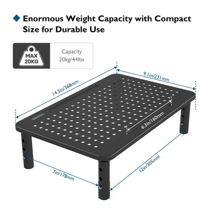 BONTEC Adjustable Monitor Riser for Desk, Ergonomic Metal Stand with 3 Height Levels (100/120/140mm), Mesh Surface for Airflow, Up to 20KG, Computer Stand, Cable Ties Included