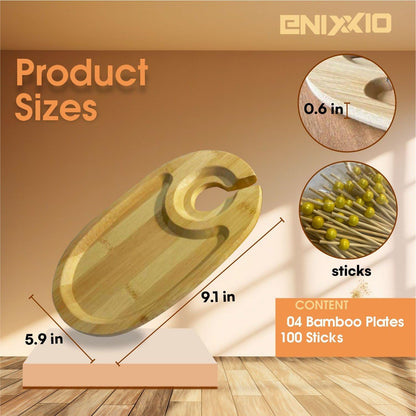 ENIXXIO 4 PCS Wine Appetizer Plates for Wine & Cheese Parties – Individual Mini Charcuterie Boards with Wine Glass Topper Appetizer Plates, Cheese Board with Wine Holder and 100 Bamboo Picks