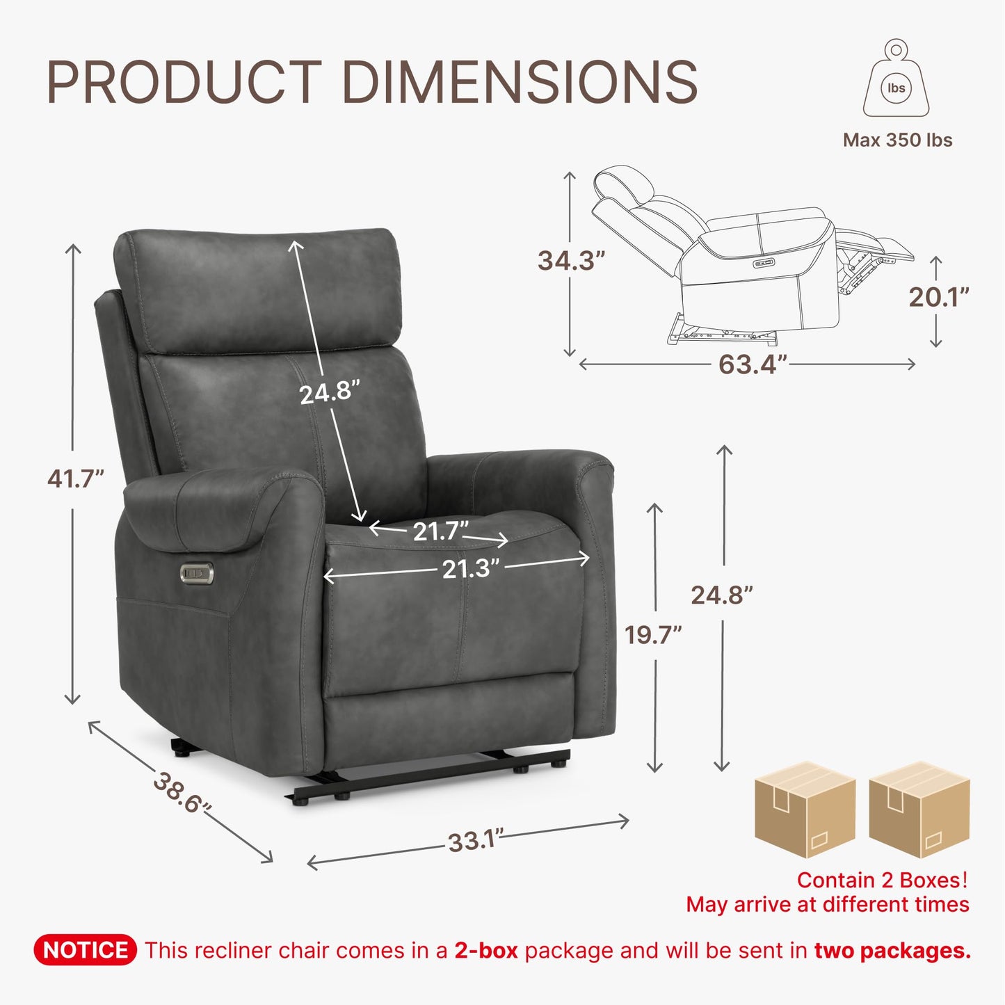 KISLOT Leather Recliner Chair Set of 2, Wall Hugger RV Recliners with USB Charging Ports Electric Power Reclining Sofa for Living Room Home Theater Seating Bedroom