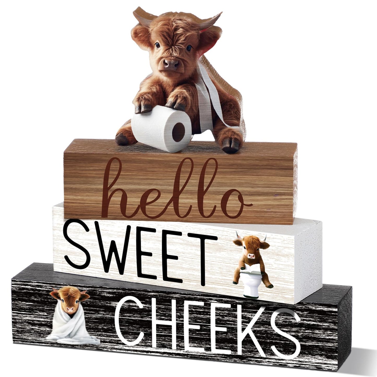Cinnvoice 4 Pcs Highland Cow Bathroom Decor Farmhouse Bathroom Decoration Western Hello Sweet Cheeks Table Centerpiece Gift for Christmas Valentines Back to School