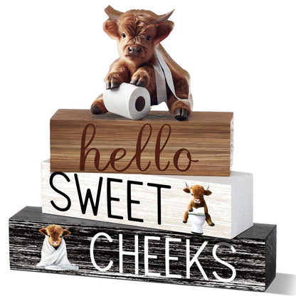 Cinnvoice 4 Pcs Highland Cow Bathroom Decor Farmhouse Bathroom Decoration Western Hello Sweet Cheeks Table Centerpiece Gift for Christmas Valentines Back to School
