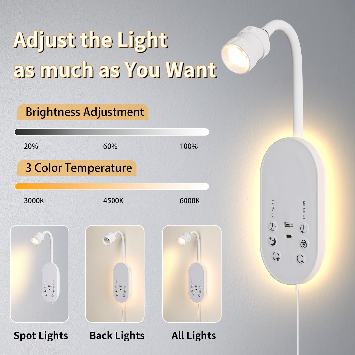 MOLUOLA LIGHTING LED Wall Mounted Reading Light for Bed, Book Light for Reading with Touch Control, Stepless Dimmable, Flexible Gooseneck Bed Light with USB C+A, Night Light & Timers Function (White)