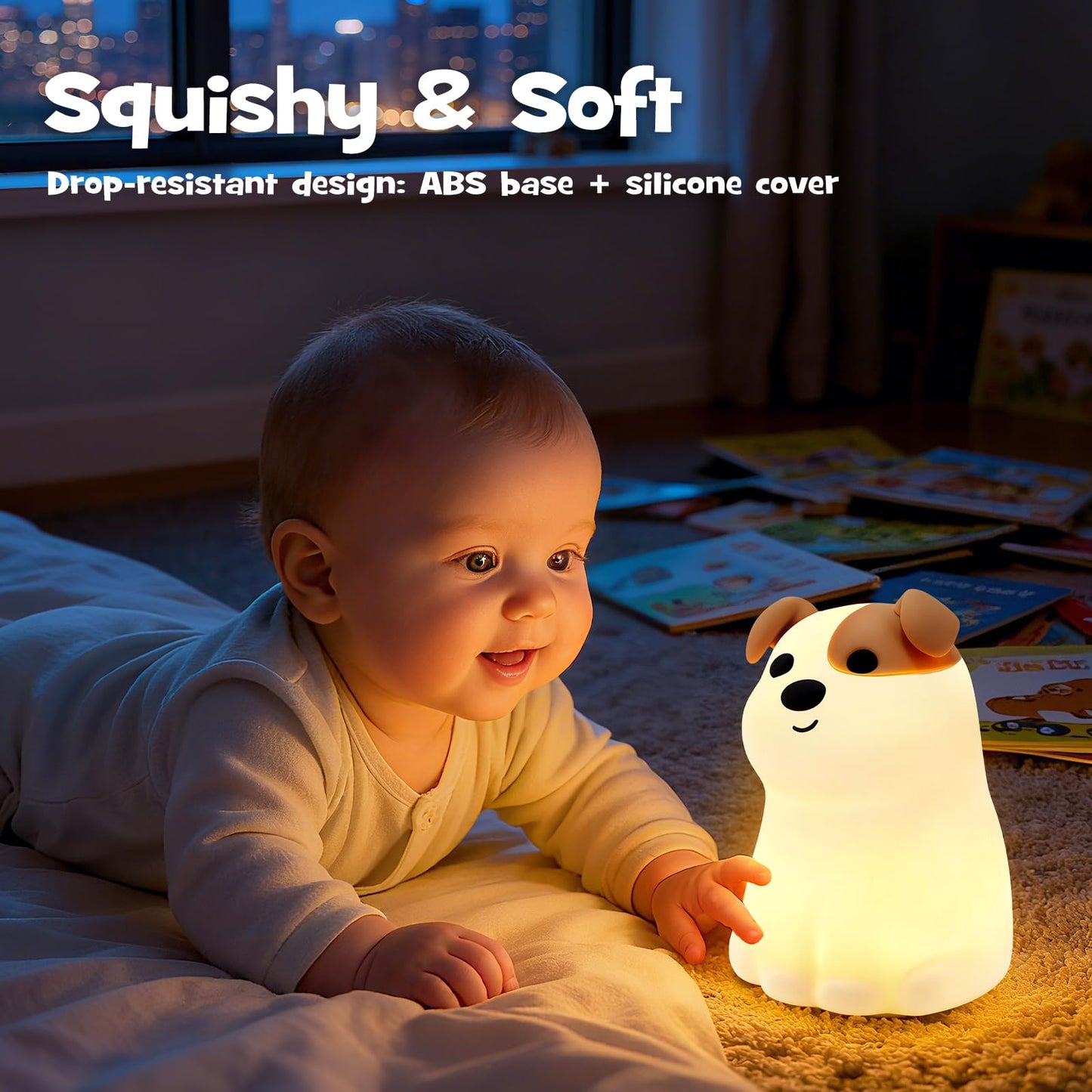 Squishy Puppy Night Light with RGB Mode 3 Brightness Adjustable Nursery Breastfeeding Nightlight Cute Novelty Smile Dog Animal Lamp Rechargeable Silicone Touch Bedside Lamp for Bedroom Dorm Decor