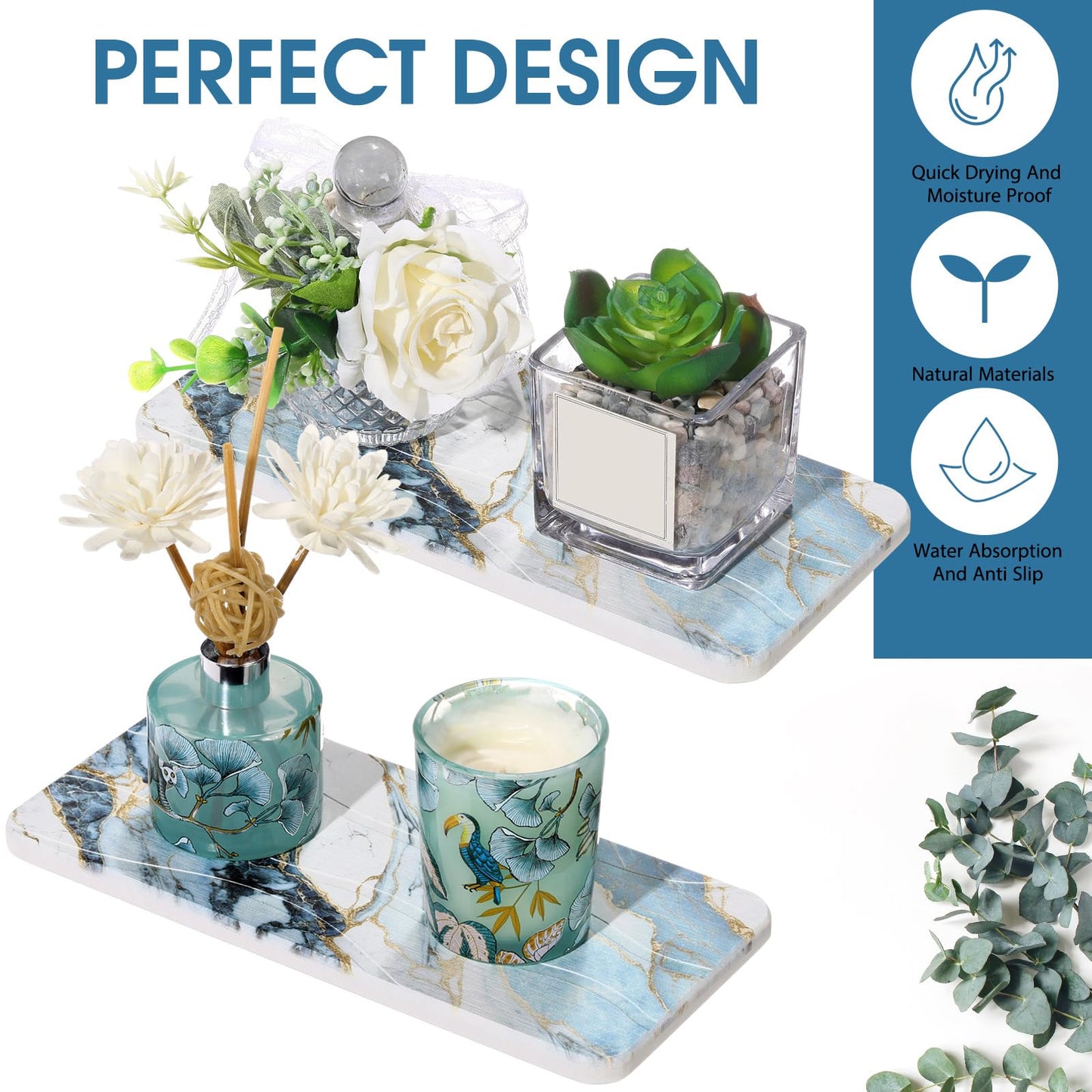 Photect 2Pcs Water Absorbent Diatomite Coasters 8.6x4'' Diatomaceous Earth Drying Ma, Grooved Design Water Absorbing Stone for Home Bathroom Decoration Home Warming Gift(Blue,Marble Style)