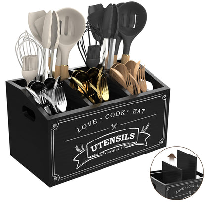 COAZEX Large Kitchen Utensil Holder with 5 Compartments, Wooden Cooking Utensil Holder for Countertop or Wall Mount, Rustic Farmhouse Utensil Caddy for Silverware, Forks, Spoons, and Spatulas (Black)