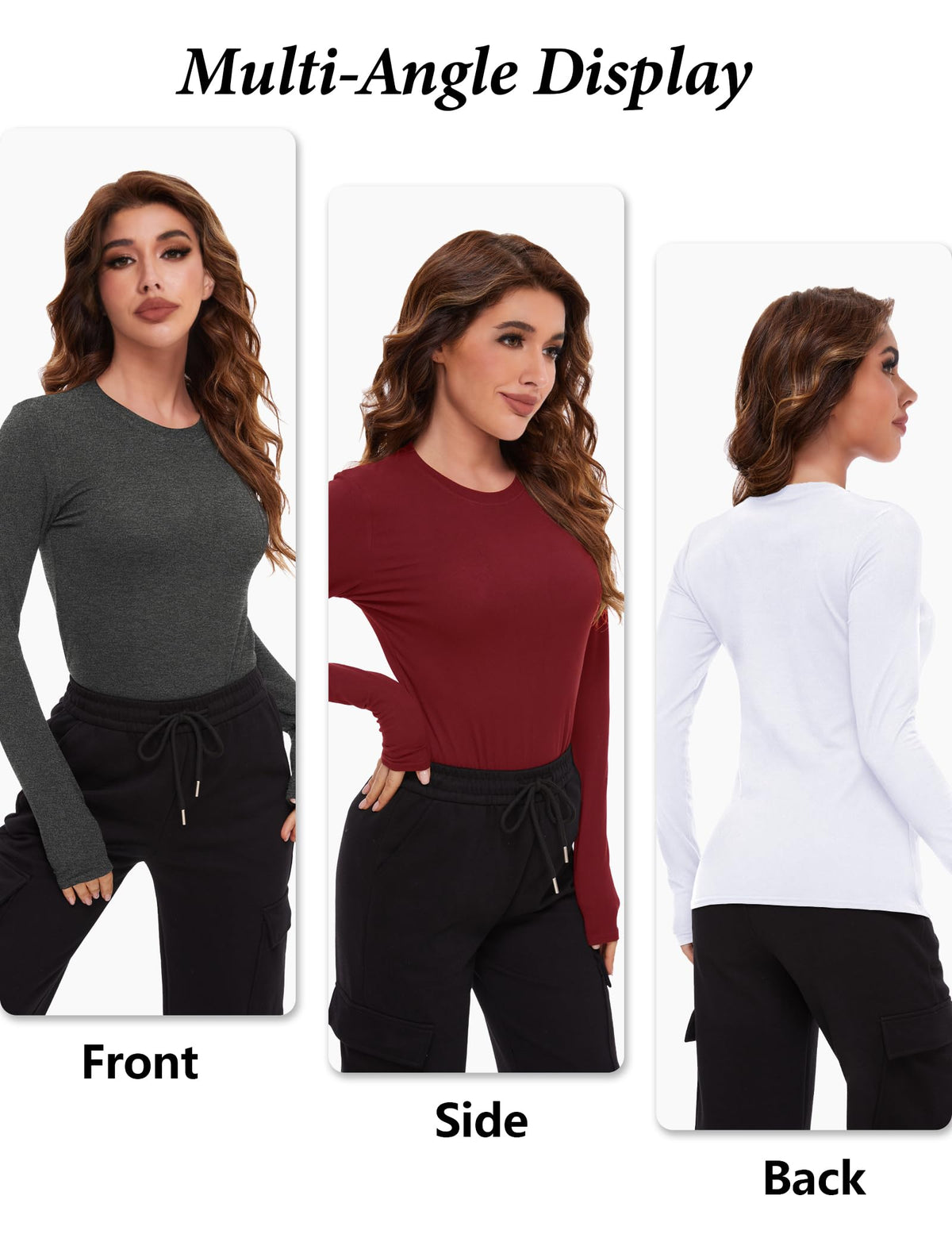 Dalavch 4 Pack Women’s Long Sleeve Basic Shirts Crew Neck Slim Fitted Compression Gym Workout Athletic Underscrubs Tops 1 Black 1 Heather Grey 1 White 1 Wine Medium
