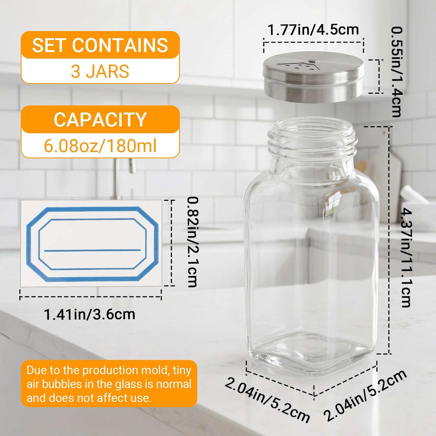 Segarty 6oz Spice Bottles with Stainless Steel Shaker Lids 3 Pack, 180ml Large Square Spice Jars for Salt Sugar, Adjustable Seasoning Storage Bottles with 3 Labels for Condiments Herbs Grains Storage