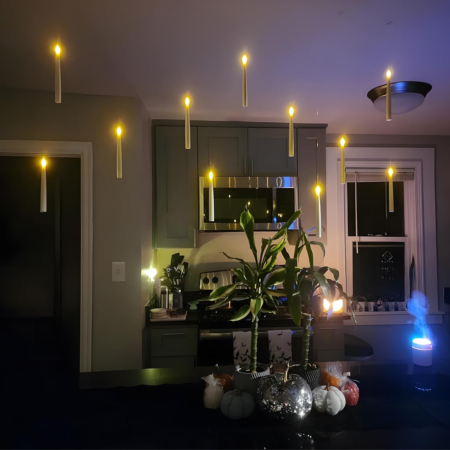 Lezonic Floating Candles with Wand Remote, Set of 12 Magic Flameless Candles Battery Operated, Flikering Hanging LED Taper Candlesticks Halloween Decorations, 0.51" x 6.7"