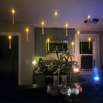 Lezonic Floating Candles with Wand Remote, Set of 12 Magic Flameless Candles Battery Operated, Flikering Hanging LED Taper Candlesticks Halloween Decorations, 0.51" x 6.7"