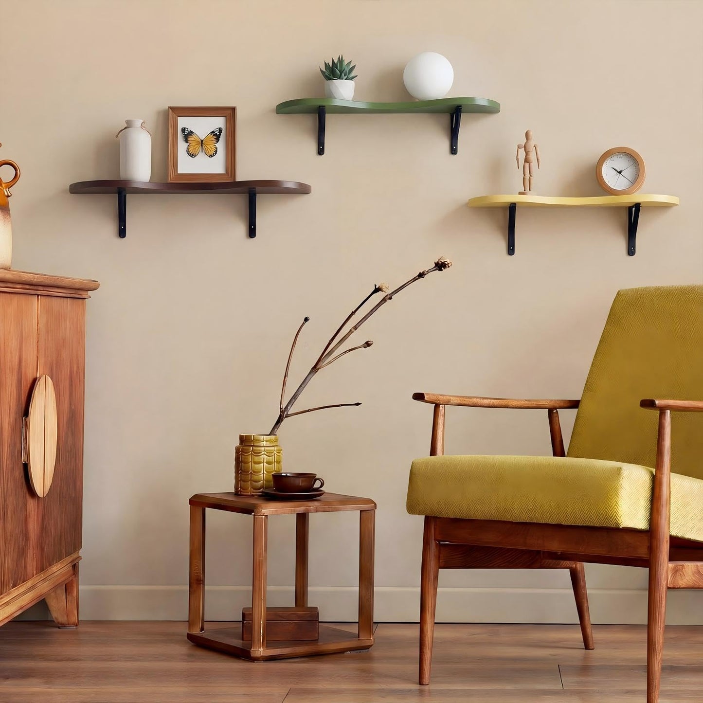 AceOrbit 3 Pcs Mid Century Floating Shelves Wavy Cloud Shelves Wooden Shelf Live Edge Wall Mount Shelf Rustic Farmhouse Mid Century Modern Ledge for Bedroom Living Room Home Decor Housewarming Gifts