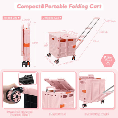 FELICON SELORSS Folding Utility Cart Rolling Crate Tote Basket Box Storage Handcart on 4 Swivel Wheels with Adjustable Handle Extended Magnetic Lid for Teacher Move Shop Travel Grocery Office(Pink)