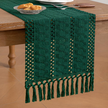 Socomi Boho Table Runner Fall Thanksgiving Farmhouse Rustic Dining Kitchen Centerpiece Decor Small Macrame Woven Cotton Linen Coffee Table Runner for Dresser Scarf Home Decor 12x48 inch Emerald Green