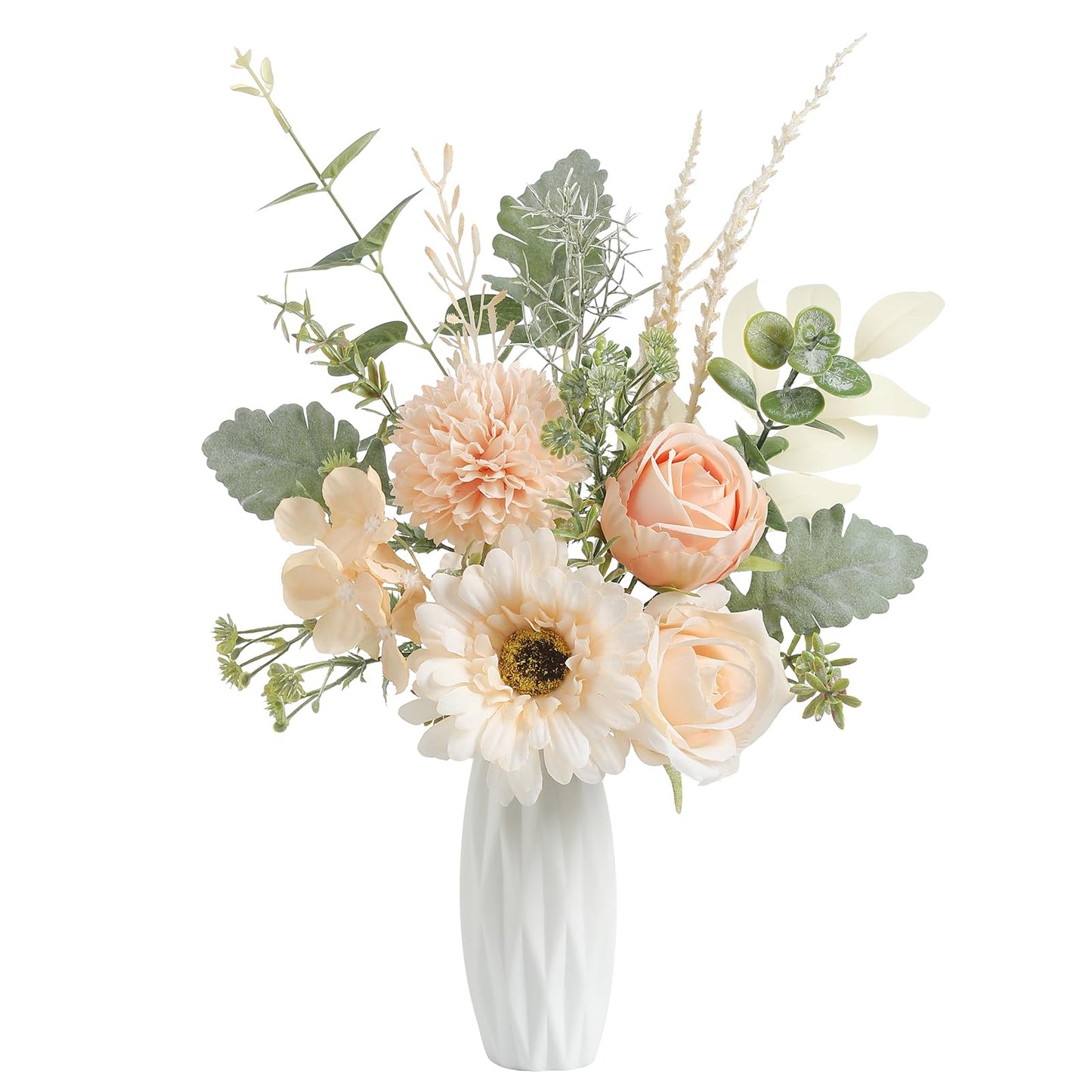 GAATEEK Small 11.8" Artificial Flowers in Ceramic Vase - Champagne Silk Flower Centerpiece for Dining Table, Office, Wedding & Farmhouse, Home Decor Gifts